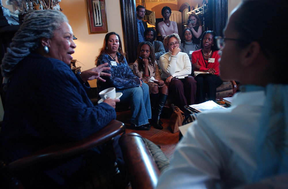 Author Toni Morrison, left, talks with the Mocha Moms at the Akwaaba Mansion Bed and Breakfast in New York's Brooklyn borough on Tuesday, Oct. 21, 2003. (Gino Domenico/AP)