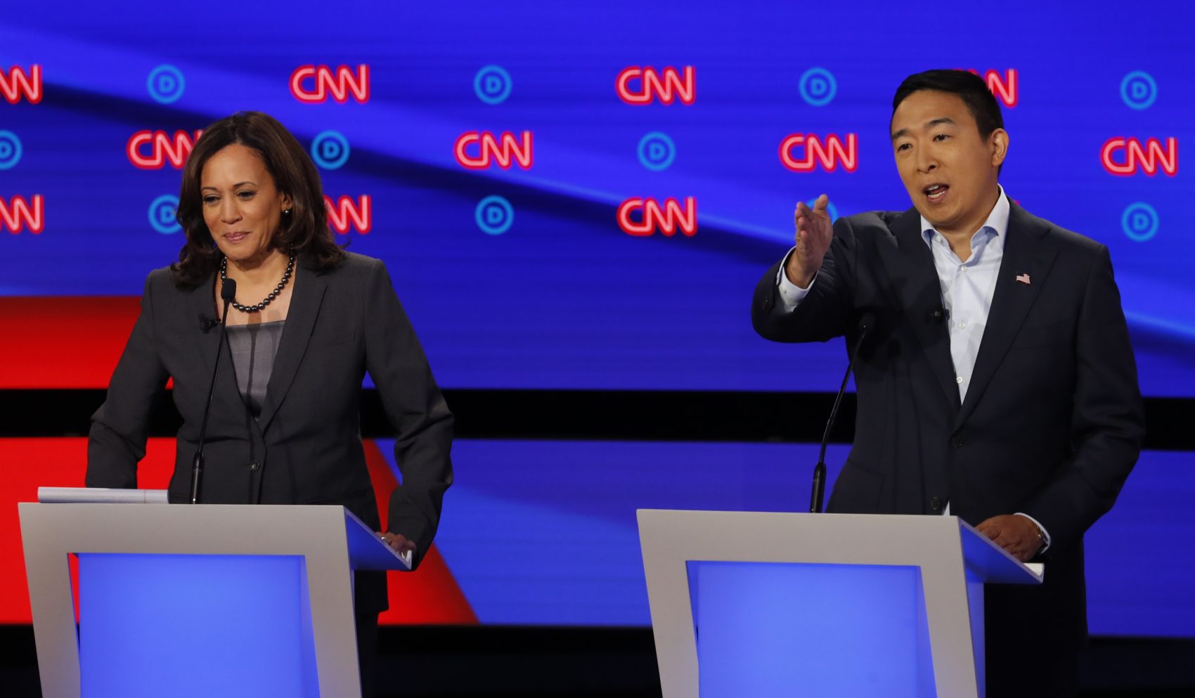Sen. Kamala Harris, D-Calif., listens as Andrew Yang speaks during the second of two Democratic presidential primary debates hosted by CNN Wednesday, July 31, 2019, in the Fox Theatre in Detroit. (Paul Sancya/AP)