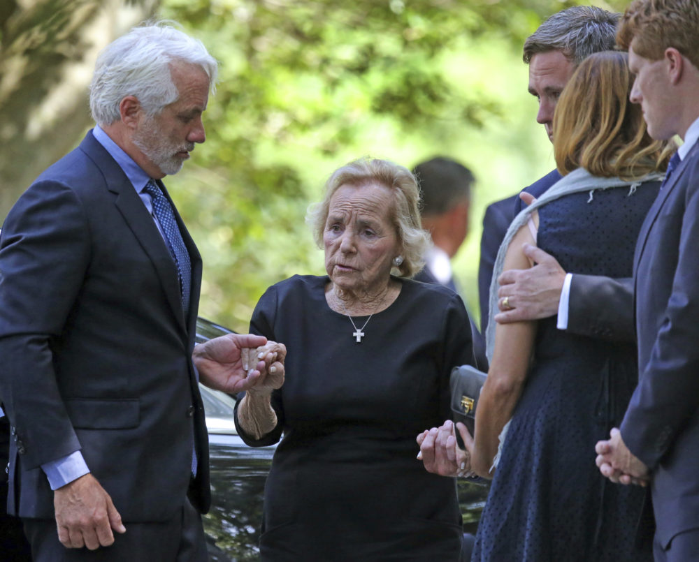 Ethel Kennedy is helped to the church during funeral services for her granddaughter Saoirse Roisin Kennedy Hill at Our Lady of Victory Church on Monday, Aug. 5. (David L Ryan/The Boston Globe via AP, Pool)