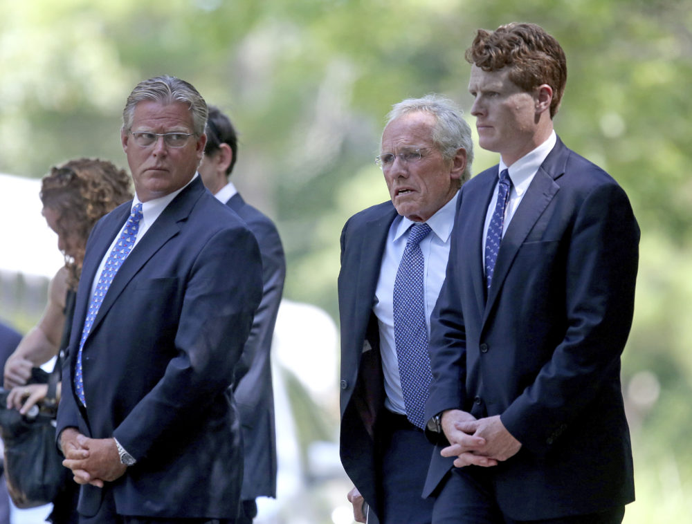 Edward M. Kennedy, Jr., left, Joseph P. Kennedy II, center, and his son U.S. Rep. Joseph Kennedy III, D-Mass., right, attend the funeral services for Saoirse Roisin Kennedy Hill at Our Lady of Victory Church on Monday, Aug. 5. (David L Ryan/The Boston Globe via AP, Pool)