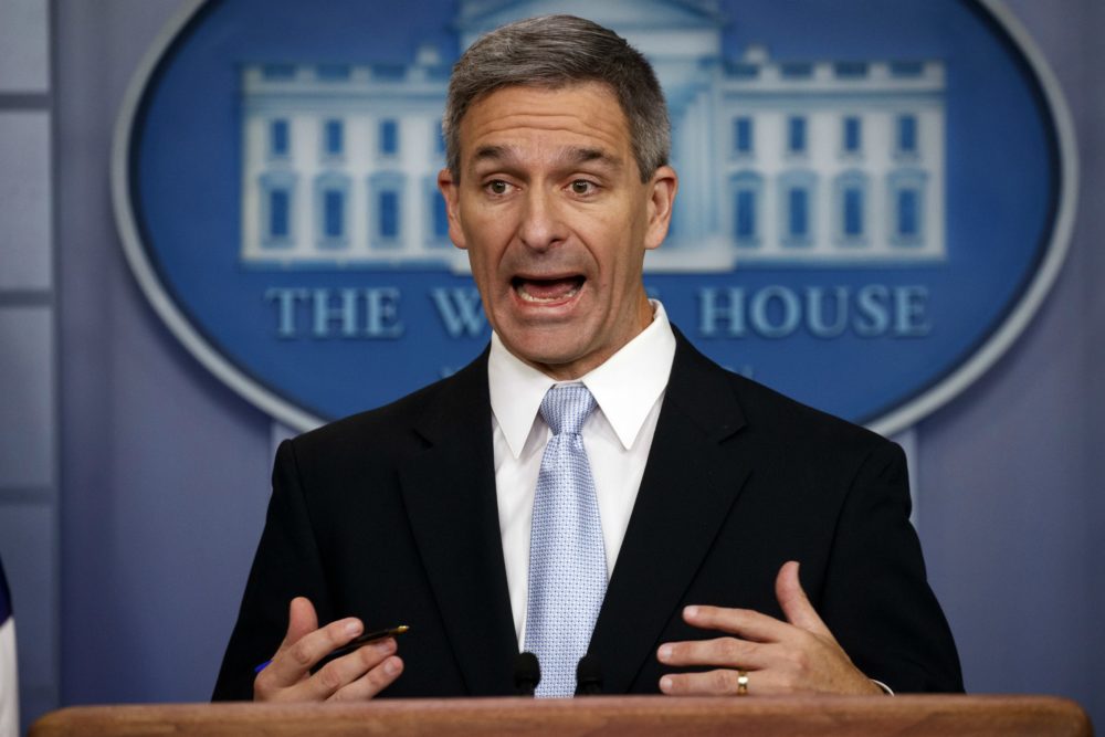 Acting Director of United States Citizenship and Immigration Services Ken Cuccinelli speaks during a briefing at the White House, Monday, Aug. 12, 2019, in Washington. (Evan Vucci/AP)