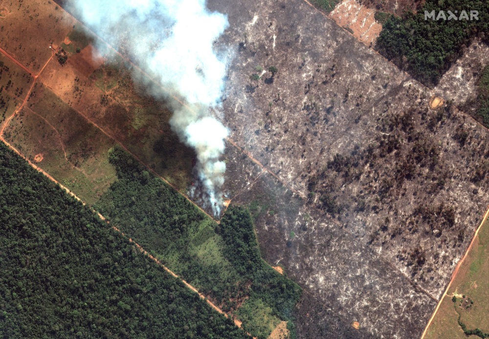 This Aug. 15, 2019 satellite image from Maxar Technologies shows closeup view of a fire southwest of Porto Velho Brazil. Brazil's National Institute for Space Research, a federal agency monitoring deforestation and wildfires, said the country has seen a record number of wildfires this year as of Tuesday, Aug. 20. (Satellite image ©2019 Maxar Technologies via AP)