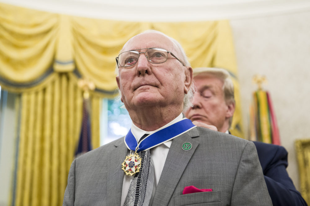 President Trump presents the Presidential Medal of Freedom to former NBA basketball player and coach Bob Cousy, of the Boston Celtics, during a ceremony in the Oval Office Thursday. (Alex Brandon/AP)
