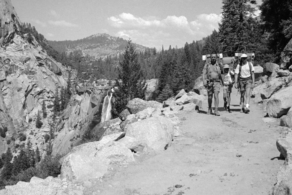 The John Muir trail near the Nevada Falls, left, bears the imprints of thousands of hikers’ boots on Sept. 6, 1972. (William Straeter/AP)