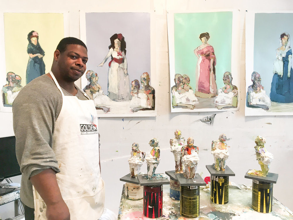 Artist Lavaughan Jenkins with some of his &quot;3D paintings&quot; in his Roxbury studio. (Courtesy Abigail Ogilvy Gallery)