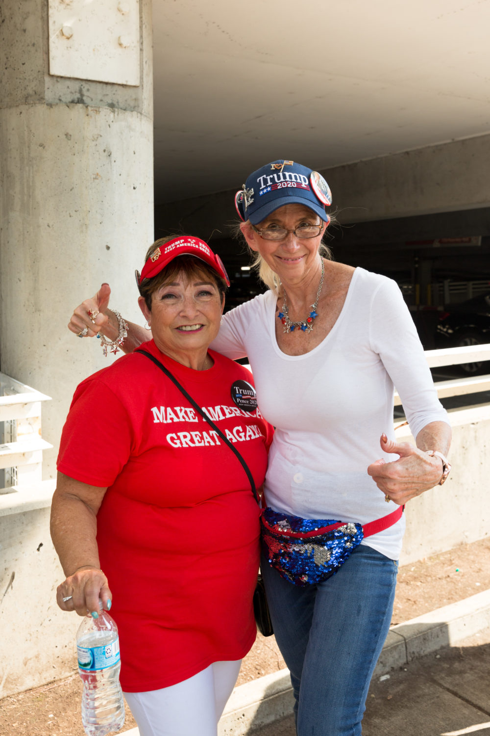 "We love Trump!" Dolores Scardine and Barbara Bergdall shouted in unison. (Rachael Banks for Here & Now)