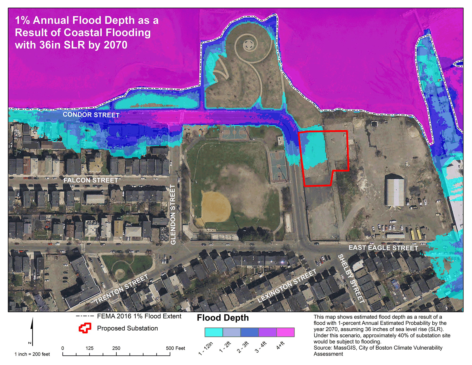 A map showing the proposed East Boston substation site and potential flood risk (courtesy of Salem State Professor Marcos Luna)