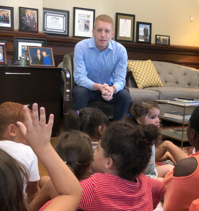 Holyoke Mayor Alex Morse speaks to elementary school students in his City Hall office. (Anthony Brooks/WBUR)
