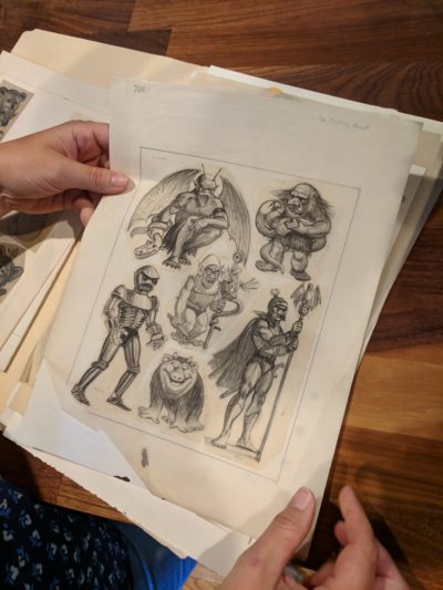 Sam Petrucci's original pencil sketches of characters from the Land of Ta (Ben Brock Johnson/WBUR)