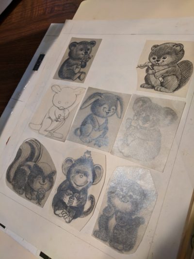 Sam Petrucci's original designs for Dennison's cartoon animal sticker sheet (Ben Brock Johnson/WBUR)