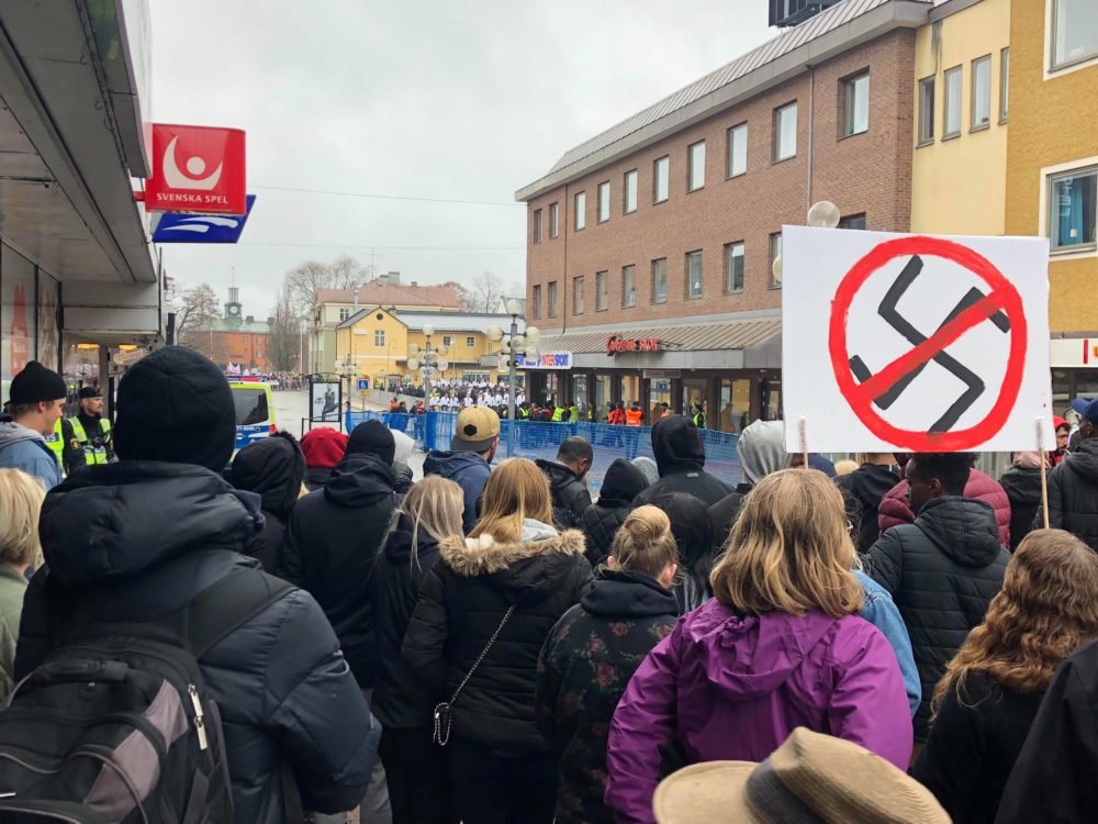 Protesters gather in Ludvika, Sweden in May 2018 to voice their opposition to the Nordic Resistance Movement, a neo-Nazi political group. (Courtesy)