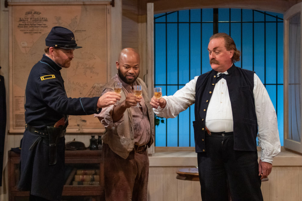Lt. Kelly (as played by Doug Bowen-Flynn), Shepard Mallory (played by Shane Taylor) and Major General Benjamin Butler (played by Ames Adamson) in Gloucester Stage's &quot;Ben Butler.&quot; (Courtesy Jason Grow)
