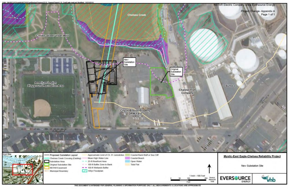 The original substation site, in green, and the current proposed location (Courtesy of Eversource)