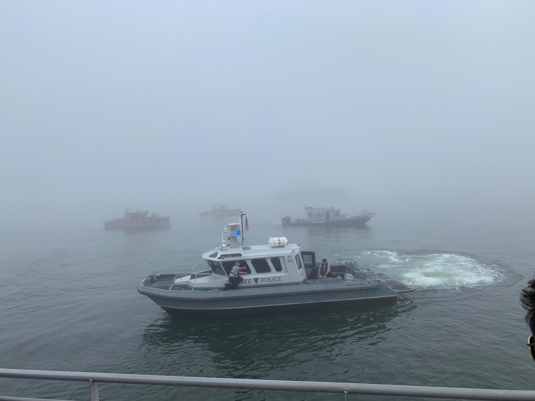 A Massachusetts State Police boat at the scene of a ferry going aground on Friday morning in Boston Harbor. (Photo courtesy Craig Snyder)