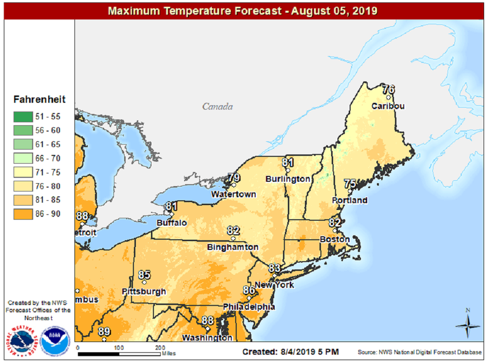 Highs reach the lower 80s Monday afternoon. (Courtesy NOAA)