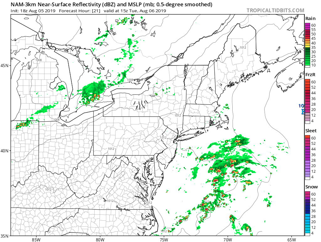 A few quick showers are possible today and again Wednesday although it will mainly be dry and humid. (Courtesy Tropical Tidbits)