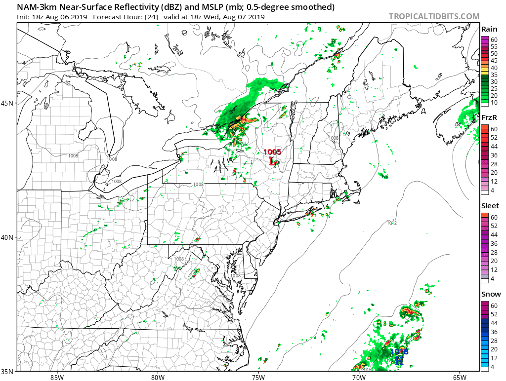 Showers and storm will arrive in southern New England Wednesday evening. (Courtesy: Tropical Tidbits)