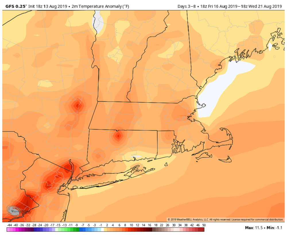 Average temperatures from Friday into midweek next week are expected to be above normal. (Courtesy WeatherBell)
