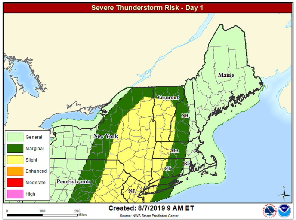 The greatest risk of severe storms will be later this afternoon and evening over western New England. (Courtesy NOAA)