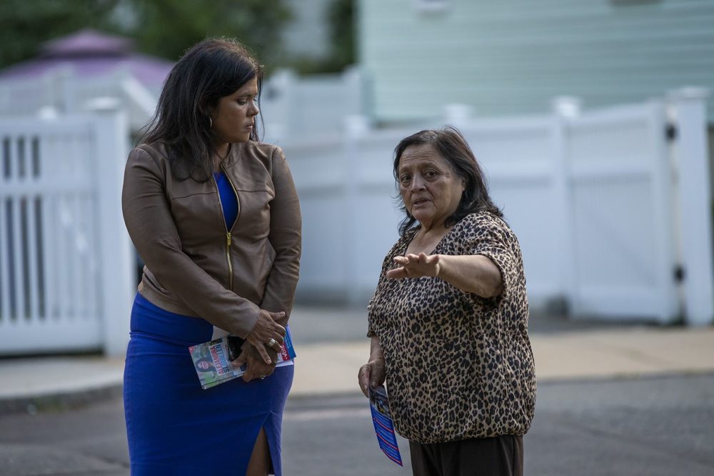 While canvassing through a Roslindale neighborhood, Alejandra St. Guillen, left, listens to resident Radrigunda Marmanillo speak about issues in the area. (Jesse Costa/WBUR)