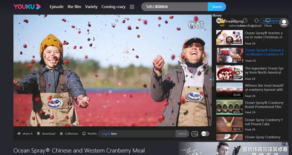 Ocean Spray’s campaign to raise awareness of cranberries in China included the courting of social media influencers. In this screenshot of a promotional video for Ocean Spray, a blogger named Quan Shanshan (left) joins grower Sue Gilmore in the bog. (youku/Ocean Spray)