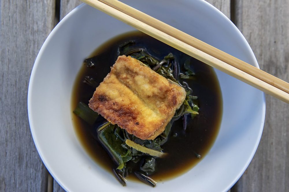 Shallow Fried Tofu in Ginger Broth with Stir Fried Greens (Jesse Costa/WBUR)