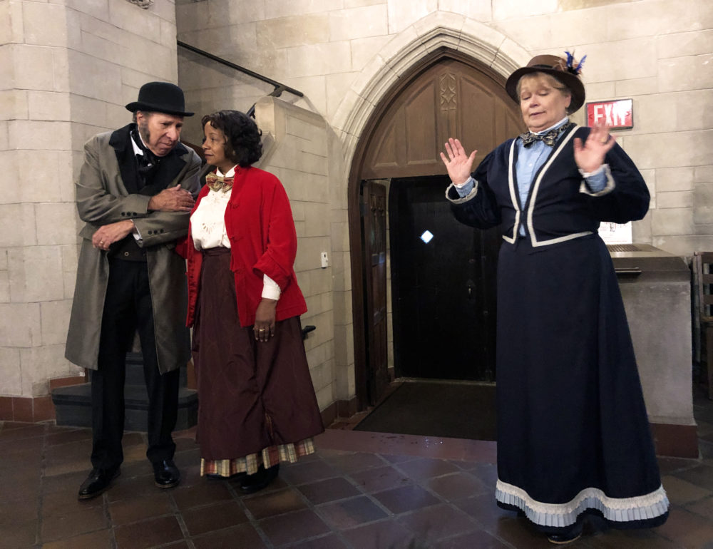 Jacob Bigelow (played by Ken Baltin), Edmonia Lewis (played by Cheryl D. Singleton) and Harriot Kezia Hunt (played by Karen MacDonald) in &quot;Variations on an Unissued Apology.&quot; (Andrea Shea/WBUR)