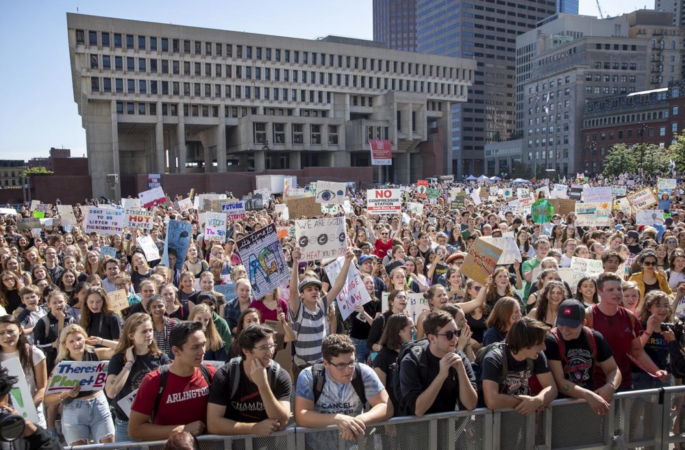 Protesters at the youth climate strike at Boston City Hall Plaza. (Robin Lubbock/WBUR)