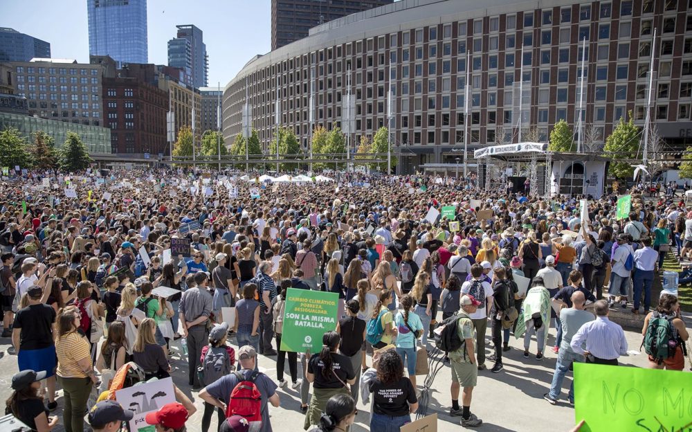 Protesters fill Boston City Hall Plaza for the youth climate strike. (Robin Lubbock/WBUR)