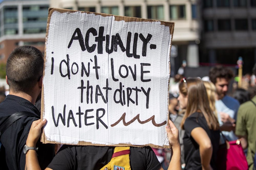 Brianna O'Brien, from Hampton Falls, N.H. protests at the youth climate strike at Boston City Hall Plaza. (Robin Lubbock/WBUR)