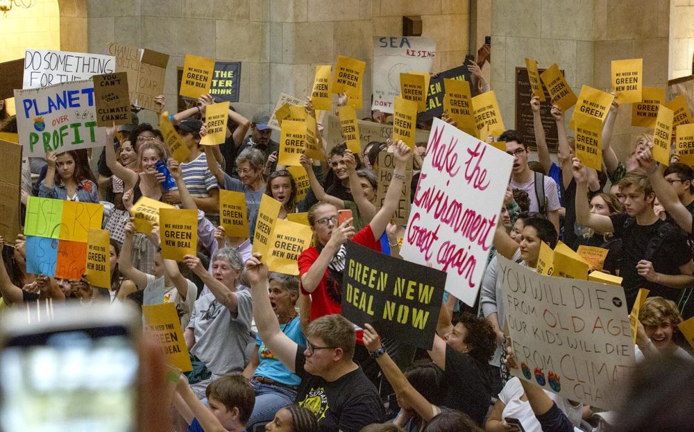 Inside the Boston State House, youth climate strikers demand a Green New Deal. (Robin Lubbock/WBUR)