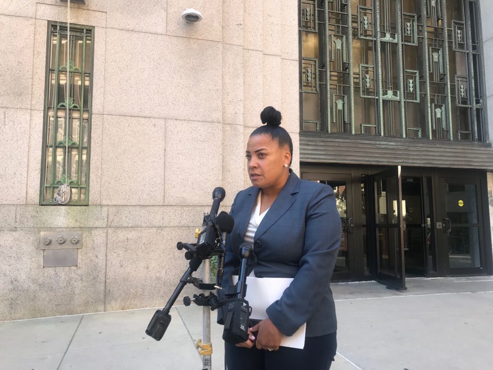 Suffolk County DA Rachael Rollins speaks to reporters Friday about the allegations of racism against a Boston police officer. (Quincy Walters/WBUR)