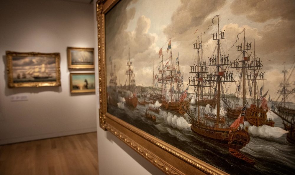 Detail of "The Arrival of Princess Charlotte at Harwich," 1761, by John Cleveley the Elder, in the maritime gallery of PEM's new wing. (Robin Lubbock/WBUR)