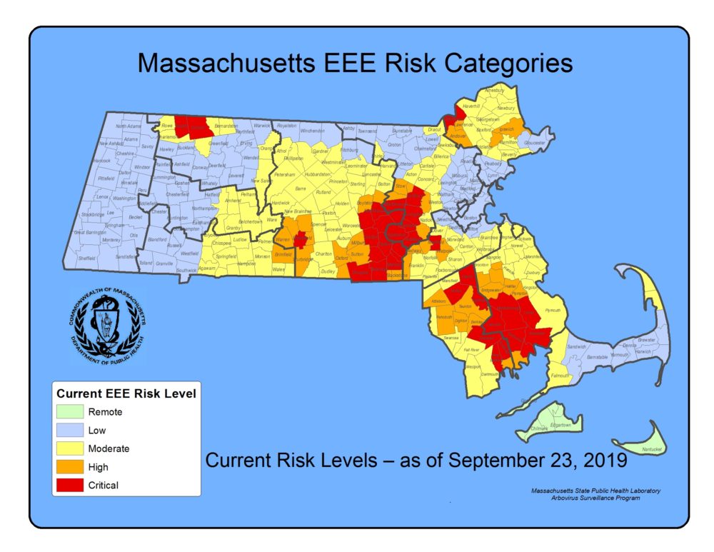 Risk levels for EEE Massachusetts cities and towns, as of Sept. 23, 2019, are shown. (Courtesy Massachusetts Department of Public Health)