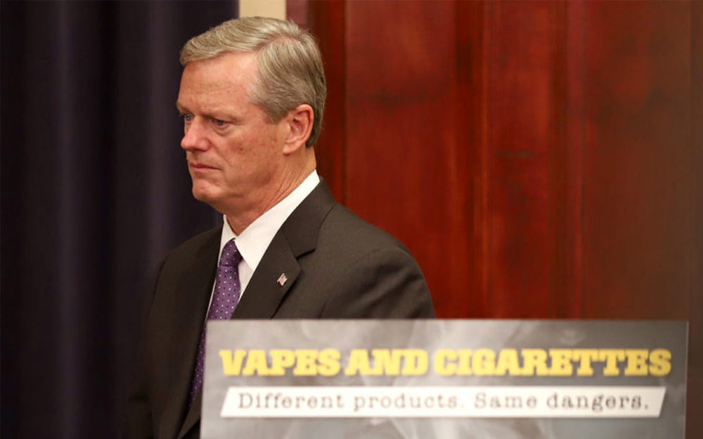 E-cigarette usage is exploding and it's clear there's a very real danger to the population," Gov. Charlie Baker said at a Tuesday news conference where he declared vaping-related lung illnesses a public health emergency in the state. (Sam Doran/SHNS)