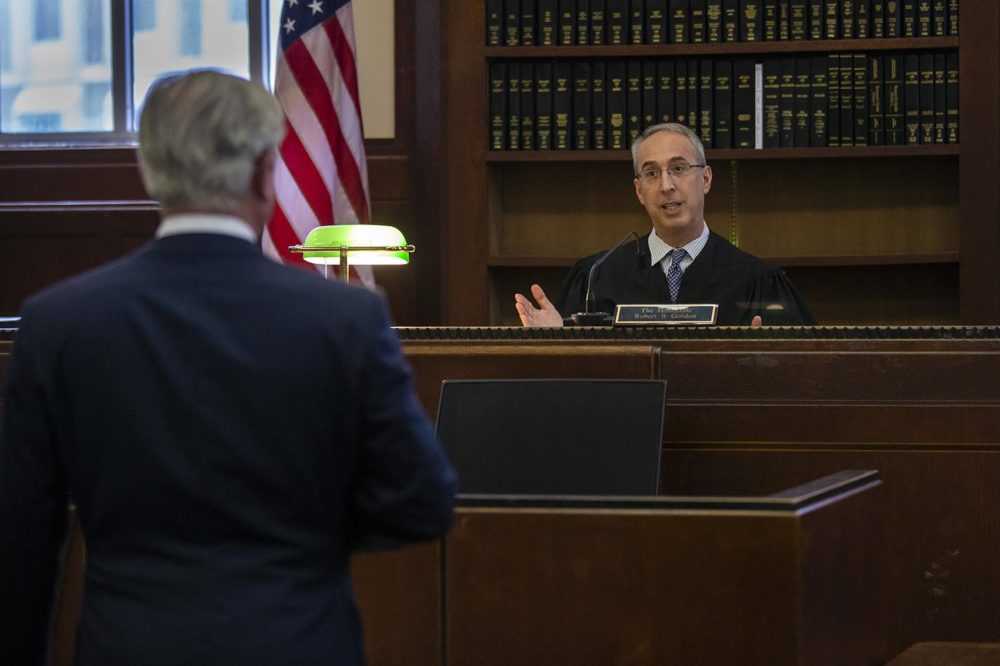 At a hearing Tuesday in Suffolk Superior Court in Boston, Judge Robert Gordon speaks to Jaafar family attorney Kevin Considine. (Jesse Costa/WBUR)