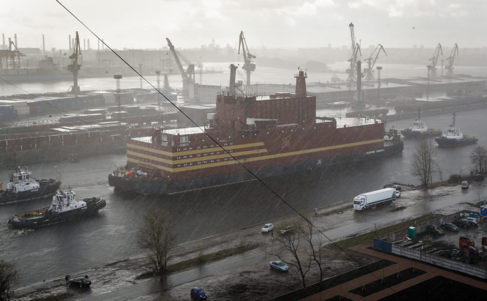 Floating nuclear power plant Akademik Lomonosov is towed out of the St. Petersburg, Russia, shipyard where it was constructed. (Dmitri Lovetsky/AP)