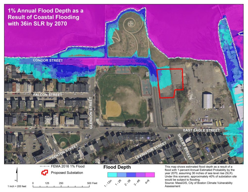 This image shows expected coast flooding in Chelsea. The red outline indicates the location of the proposed electrical substation. (Courtesy Roseann Bongiovanni/GreenRoots)
