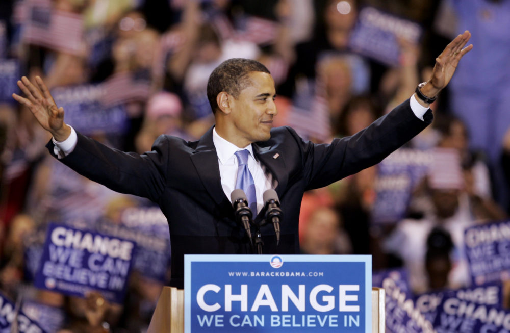 Democratic presidential candidate Sen. Barack Obama waves to supporters before speaking at a primary night rally in St. Paul, Minn. in 2008. (Morry Gash/AP)