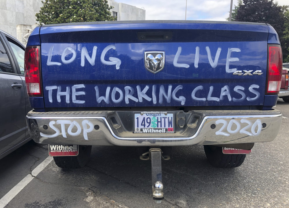 In this June 20, 2019 file photo, a diesel truck that belongs to a self-employed logger is parked in Salem, Oregon. (Gillian Flaccus/AP)