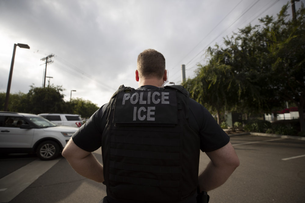 FILE - A U.S. Immigration and Customs Enforcement (ICE) officer looks on during an operation in Escondido, Calif. (AP Photo/Gregory Bull, File)