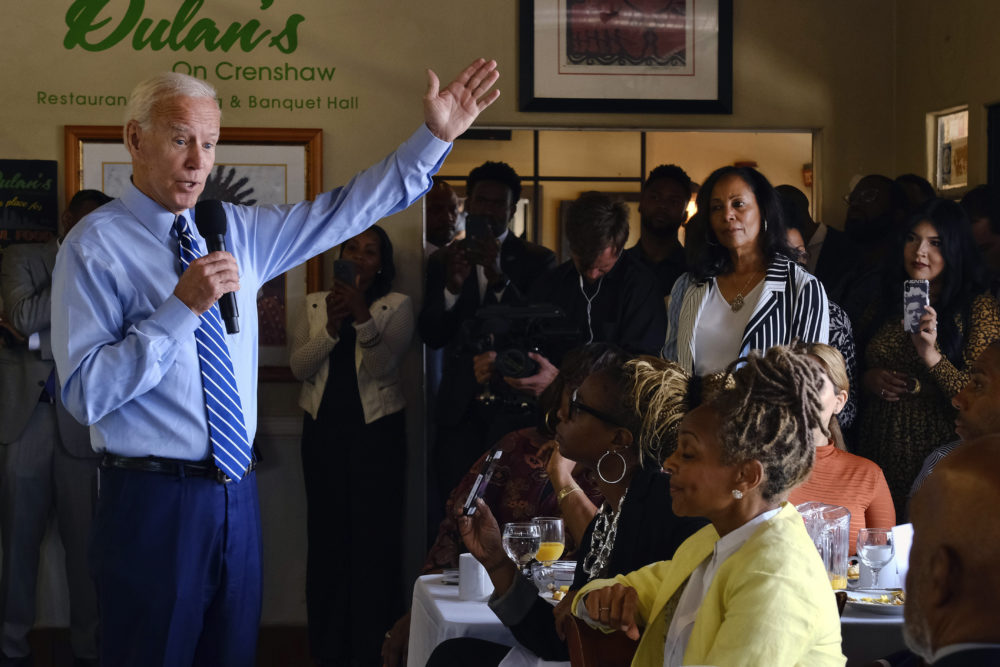 Joe Biden, seen here speaking to faith leaders on July 18 after serving breakfast at Dulan's Soul Food on Crenshaw in Los Angeles, has so far led polling among black voters. (Richard Vogel/AP)