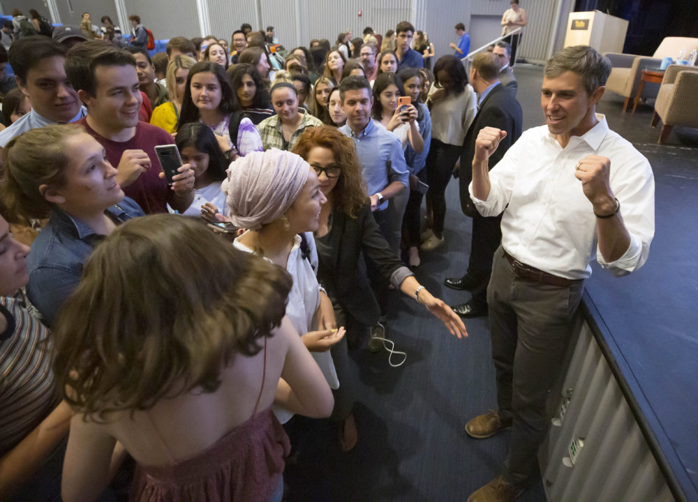 O'Rourke greets Tufts students after speaking. (Winslow Townson/AP)