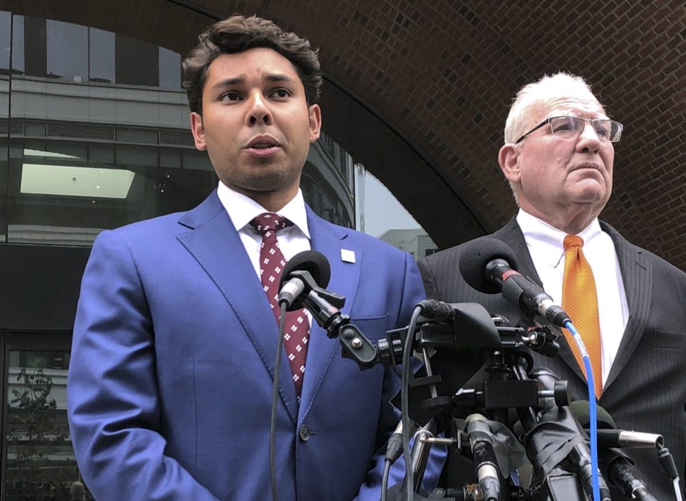 Fall River Mayor Jasiel Correia speaks beside his attorney Kevin Reddington outside the federal courthouse in Boston Friday after his appearance on bribery, extortion and fraud charges. Correia pleaded not guilty. (Philip Marcelo/AP)