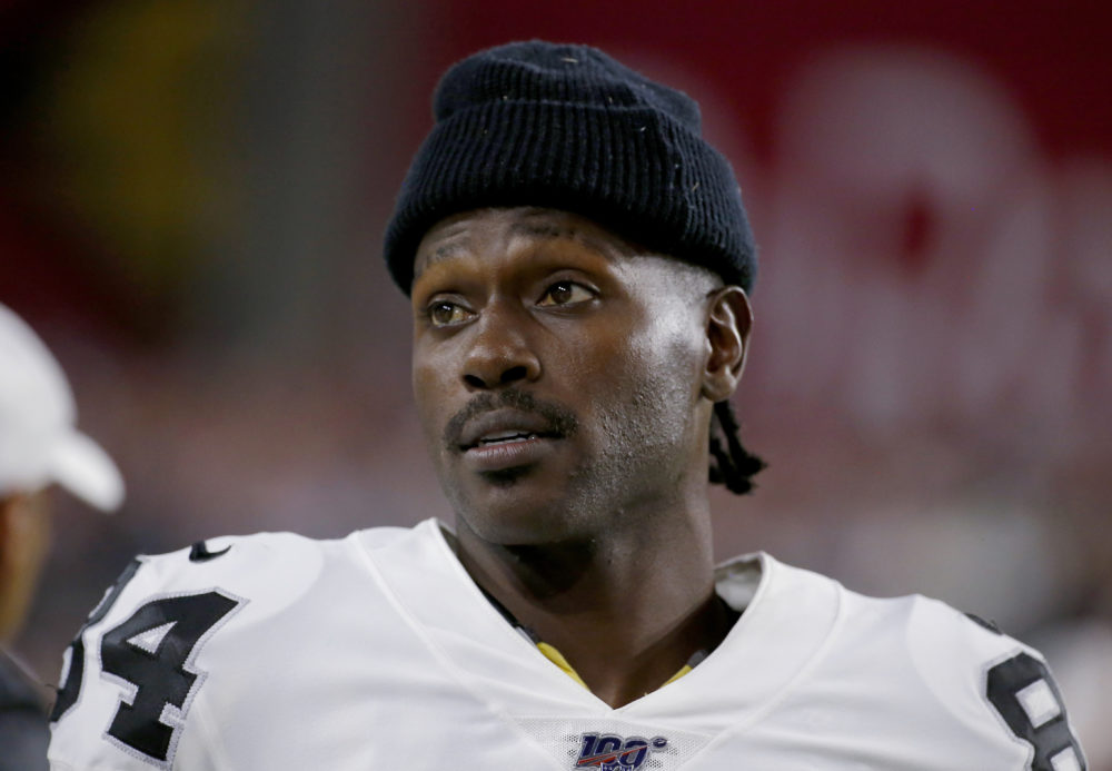 Former Oakland Raiders wide receiver Antonio Brown, who was released by the Raiders last week and is now with the New England Patriots, has been accused of rape by a former trainer. (Rick Scuteri/AP File Photo)