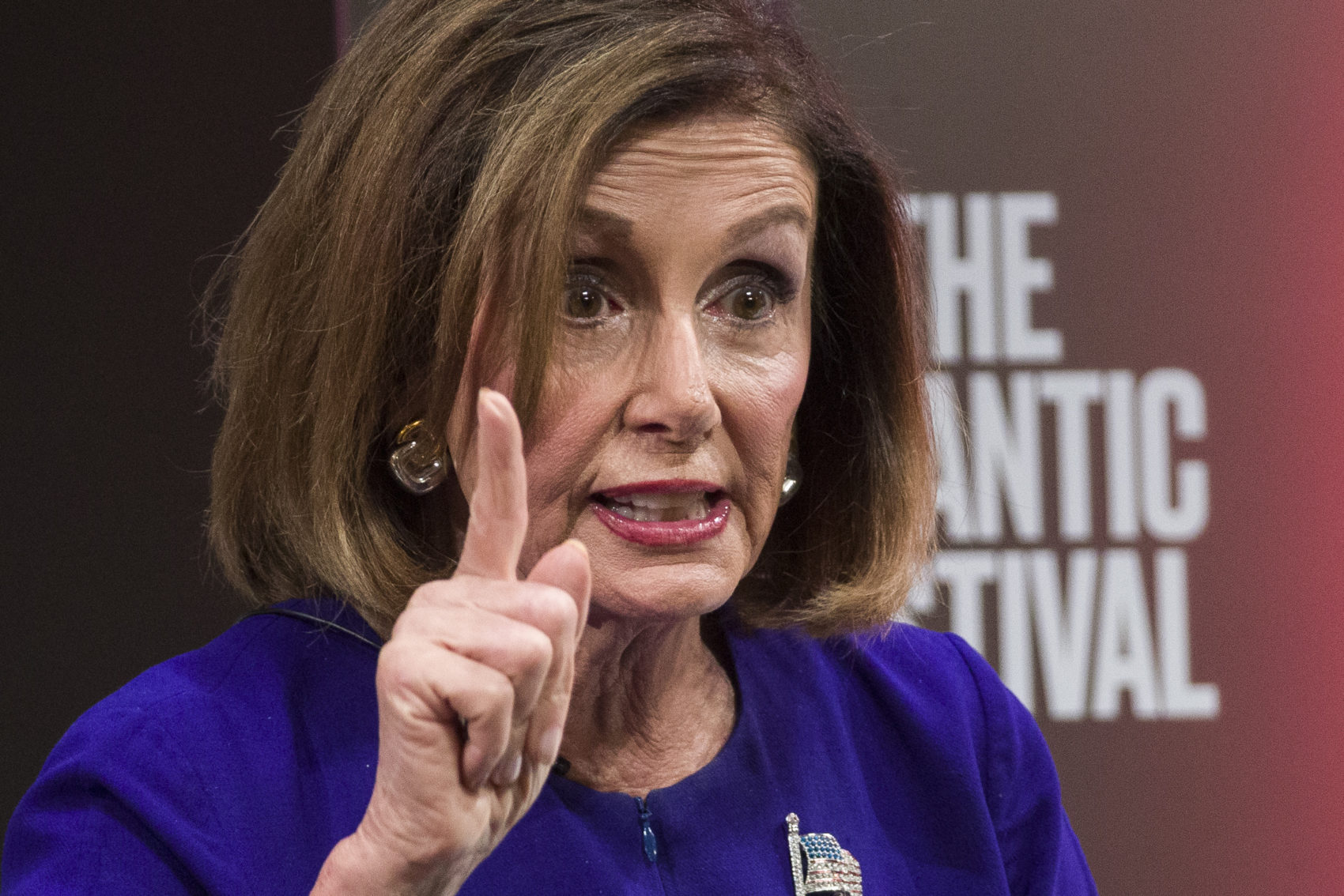 House Speaker Nancy Pelosi of Calif., speaks during a question and answer session with Jeffrey Goldberg, the editor in chief of The Atlantic, on Tuesday. (Alex Brandon/AP)