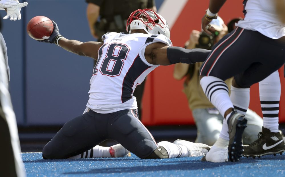 New England Patriots' Matthew Slater celebrates his touchdown after recovering a blocked punt in the first half of an NFL football game against the Buffalo Bills, Sept. 29, 2019. (Ron Schwane/AP)