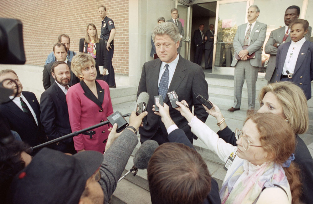 Democratic presidential candidate Bill Clinton listens to reporters questions after a rally at Ohio State University in 1992. (Stephan Savoia/AP)