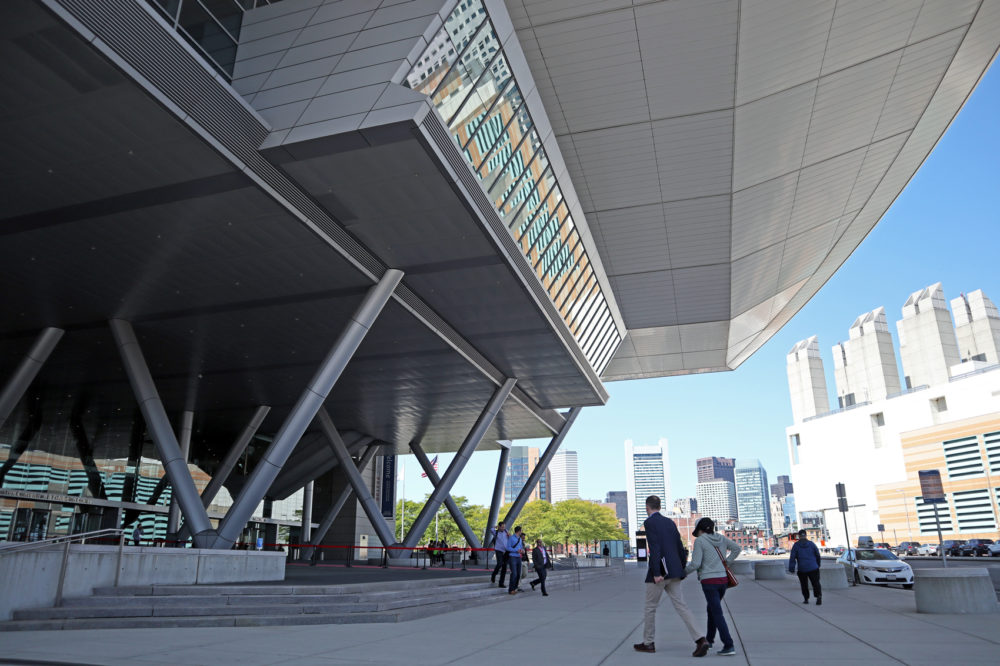 The front entrance of the Boston Convention &amp; Exhibition Center. (Adrian Ma/WBUR)