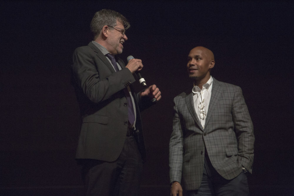 ArtsEmerson artistic director David Dower introduces ArtsEmerson's production of &quot;Passengers&quot; with executive director David Howse. (Alberto Montalvo for WBUR)